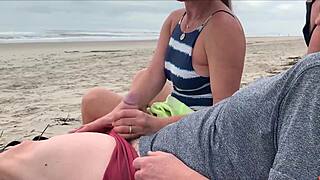 Public Beach Handjob Turns into Milf's Monster Cock Anal Creampie Surprise