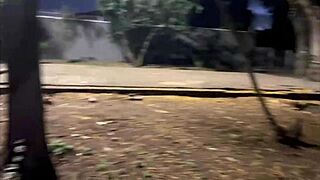 fat brazilian milf mamei sucks huge cock outdoors in forest flashing pierced tits for public rimjob