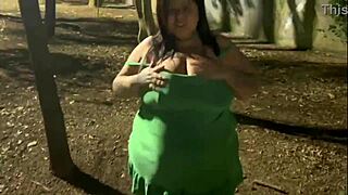 fat brazilian milf mamei sucks huge cock outdoors in forest flashing pierced tits for public rimjob