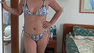 on the beach in bikini stepson films me his big bulge in swimsuit grabs my big ass pussy lips hairy milf