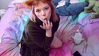 a cute fox girl in cosplay gags on toy deepthroat then orgasms