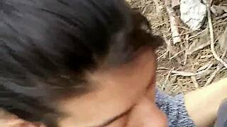 damn, stranger bends over big booty babe in public forest for quick doggystyle cum on ass.