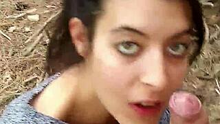 damn, stranger bends over big booty babe in public forest for quick doggystyle cum on ass.