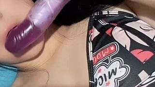 petite colombian brunette oils up for solo dildo squirt in homemade tease