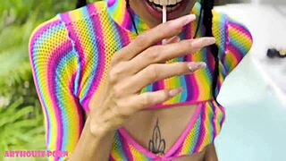 skinny colombian violeta grey teases lollipop to deepthroat then oiled poolside doggystyle pounding