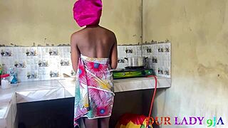 ebony big tits bent over doggystyle kitchen creampie homemade