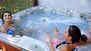 Curvy brunette coed jamie litton vicky hot tub handjob deepthroat interracial tease cum swallow 😈💦