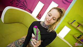 alt blonde with tattoos teases wild using those huge intense toys all over