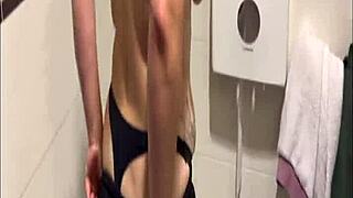 culona latina flashes tits and ass in public bathroom then squirts