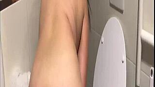 culona latina flashes tits and ass in public bathroom then squirts