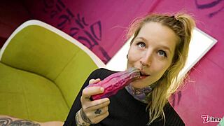 alt blonde with tattoos teases wild using those huge intense toys all over