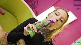 alt blonde with tattoos teases wild using those huge intense toys all over