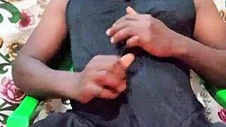 naughty black crossdresser strokes huge oiled monster cock to explosive cumshot close-up