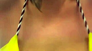 Gym babe in tiny bikini trains beachfront gets soaking wet from dripping arousal down legs