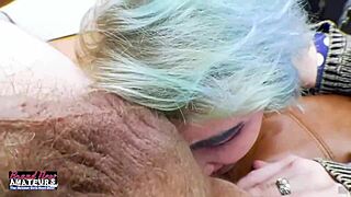 Blue haired exotic coed raven fingers shaved pussy then deepthroats hard cock before swallowing cumshot