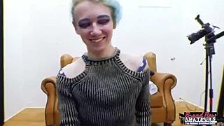 Blue haired exotic coed raven fingers shaved pussy then deepthroats hard cock before swallowing cumshot