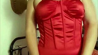 French amateur MILF in red satin bodysuit takes doggystyle pussy pounding dirty talk POV