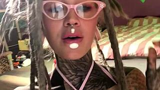 wanna see this tattooed punk cutie in glasses and fur lingerie cream all over her dildo?