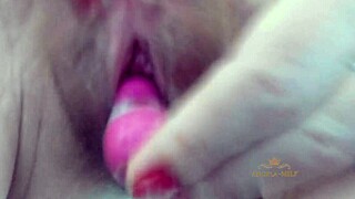 sexy milf strokes hairy pussy closeup moaning till she squirts on hubby's face