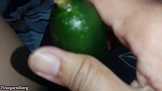 whoops, salad cucumber slides deep in my creamy wet pussy