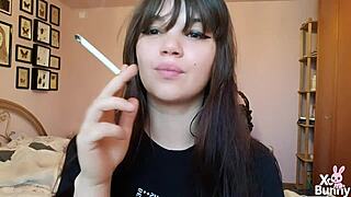 Romanian goddess smokes with big bare pussy lips up close pov