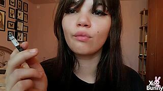 Romanian goddess smokes with big bare pussy lips up close pov