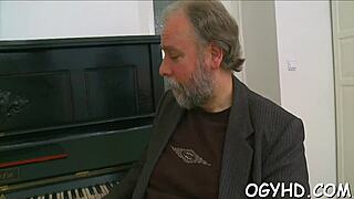 Old man licks young russian teen slut's small tits before doggy pounding