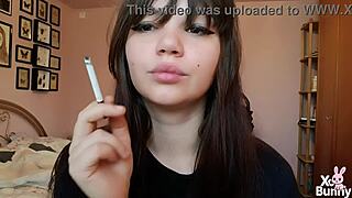 Romanian goddess smokes with big bare pussy lips up close pov
