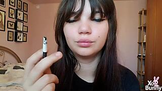 Romanian goddess smokes with big bare pussy lips up close pov