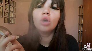Romanian goddess smokes with big bare pussy lips up close pov