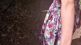 girlfriend in miniskirt gives sloppy public park blowjob ending with cum on tits