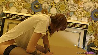 skinny redhead tight pussy braless bed tease