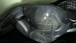 hey sexy indo spiderman cosplay girl stuffs bottle deep in her juicy pussy