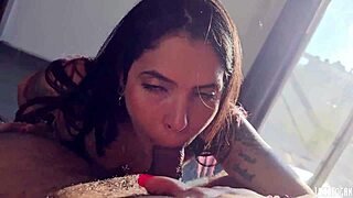 Petite kneels swallows sloppy cum