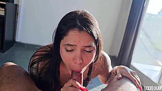 Petite kneels swallows sloppy cum