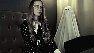 Skinny blonde wednesday addams cosplay rides cock moaning wildly on halloween