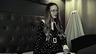 Skinny blonde wednesday addams cosplay rides cock moaning wildly on halloween