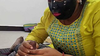 Chubby Indian wife bent over bed for deep creampie after mask play