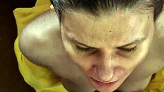 russian neighbors blowjob ends in cum on ass then shower cleanup