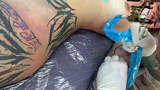 behind the scenes tattooed goth girl poses skinny small tits at z-filmz shop photoshoot