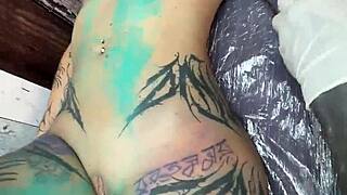 behind the scenes tattooed goth girl poses skinny small tits at z-filmz shop photoshoot