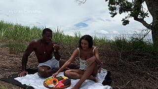 Picnic bareback with brazilian big tits friend turns into creampie outdoor fuck