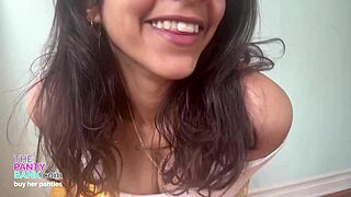 Petite middle eastern teen stretches tight asshole with huge pink dildo till she cums in used panties