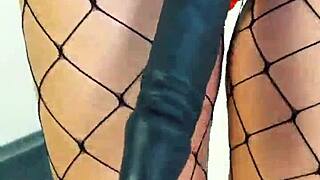 big black strapon milf in latex heels dominates cuckold slave pegging his hole with toys