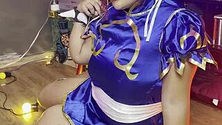 thick chun-li cosplay girl poses her huge curves in backstage photoshoot making of