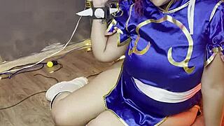 thick chun-li cosplay girl poses her huge curves in backstage photoshoot making of
