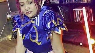 thick chun-li cosplay girl poses her huge curves in backstage photoshoot making of