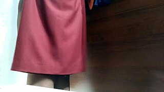 Curvy mature slips into fitting room for secret pantyhose tease. Chubby beauty bends over showing hairy pussy and huge ass close