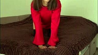 sweet milf cassiemua in red dress masturbates with dildo