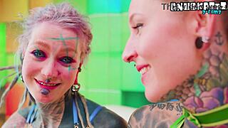 extreme alt latex strap on lesbian sex with tattooed babe